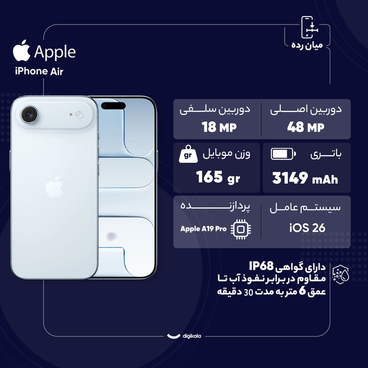 گوشی موبایل اپل مدل iPhone Air ZAA eSim ظرفیت 256 گیگابایت و رم 12 گیگابایت - نات اکتیو
