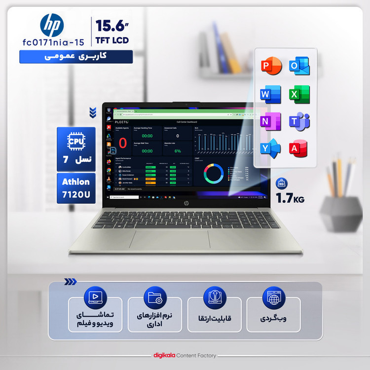 لپ تاپ 15.6 اینچی اچ پی مدل fc0171nia-15-Athlon 7120U-8GB LPDDR5 3200MHz-256GB SSD-TFT