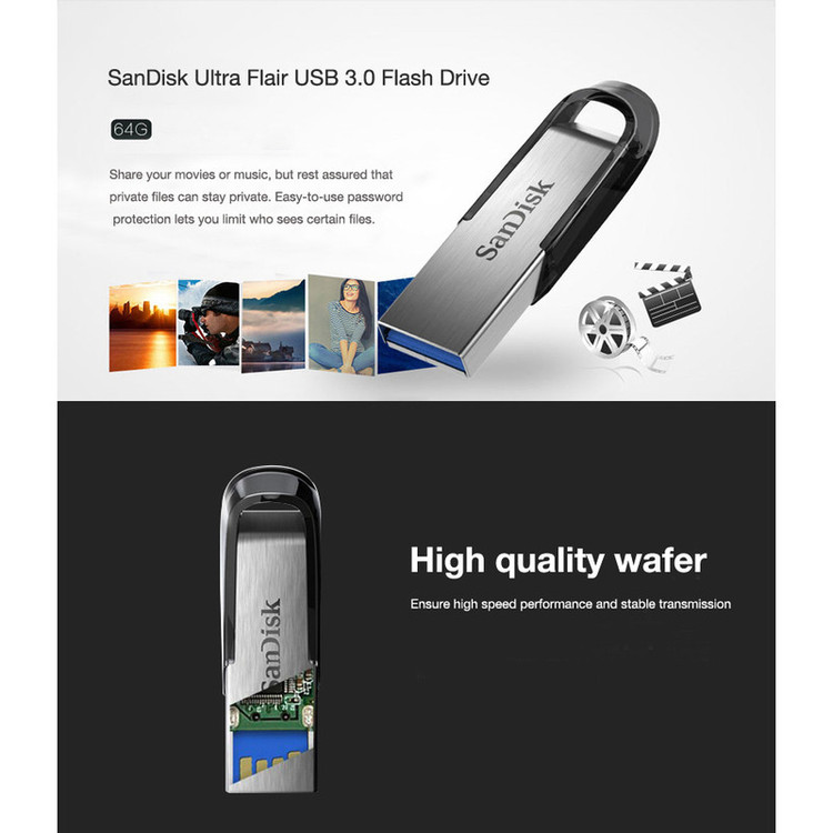 فلش مموری سن دیسک Ultra Flair CZ73 ظرفیت 64 گیگابایت با رابط USB 3.0 و بدنه فلزی مقاوم، سرعت انتقال 150 مگابایت بر ثانیه و سازگار با انواع سیستمعاملها و دستگاهها