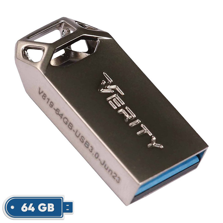 فلش مموری وریتی مدل V-819 ظرفیت 64 گیگابایت با بدنه فلزی، رابط USB 2.0 Type-A، سرعت انتقال 30 مگابایت بر ثانیه و سازگار با گوشی، کامپیوتر، لپتاپ، تلویزیون و تبلت